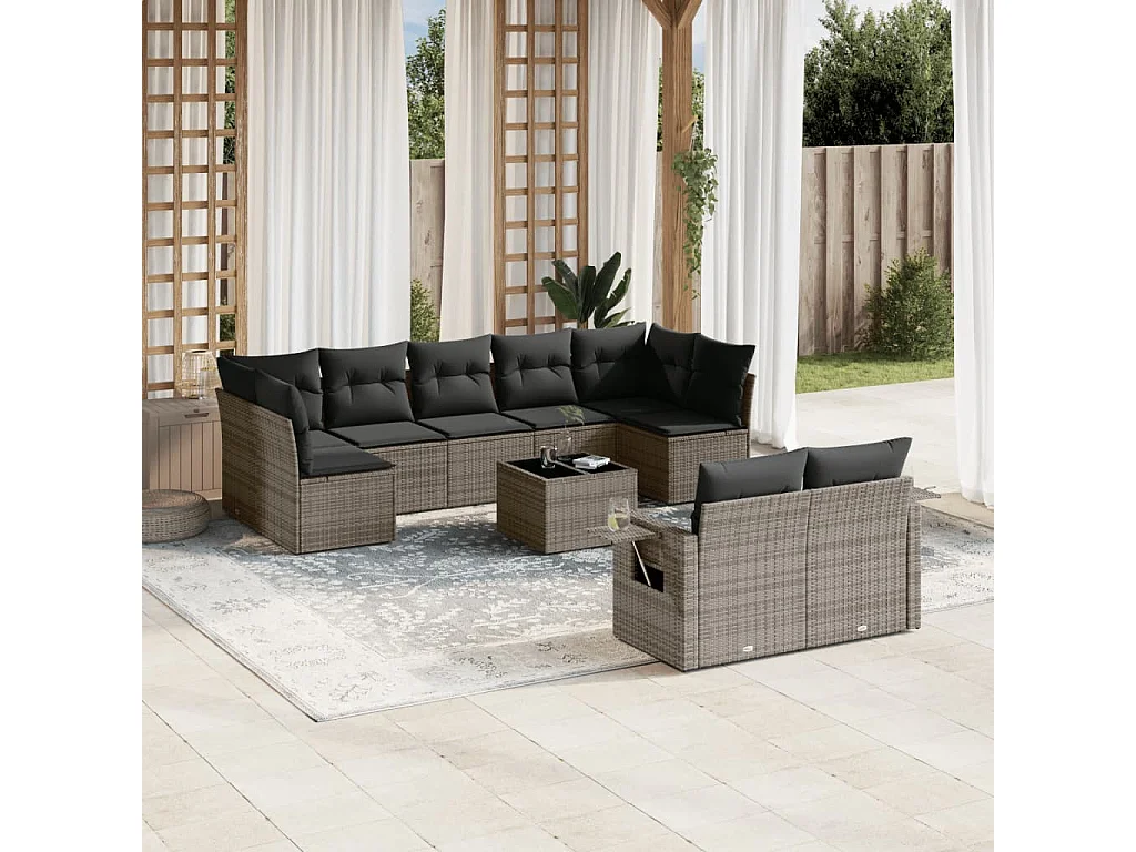 Salon de jardin avec coussins 10 pièces gris résine tressée