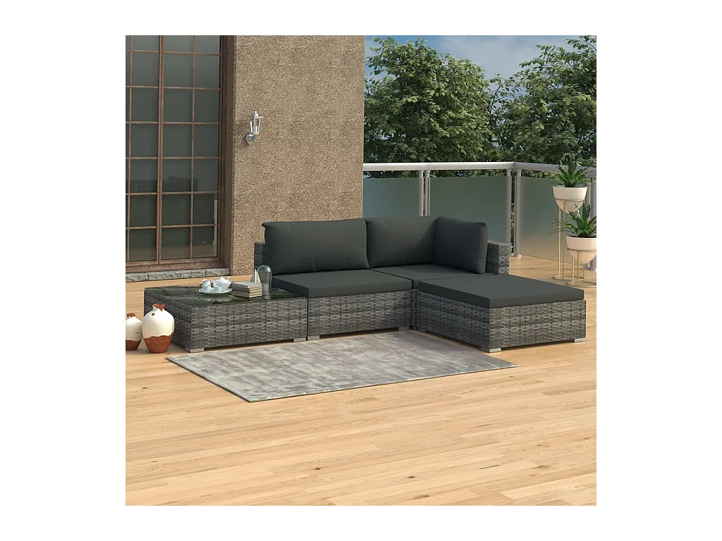 Salon de jardin 4 pièces avec coussins Résine tressée Gris