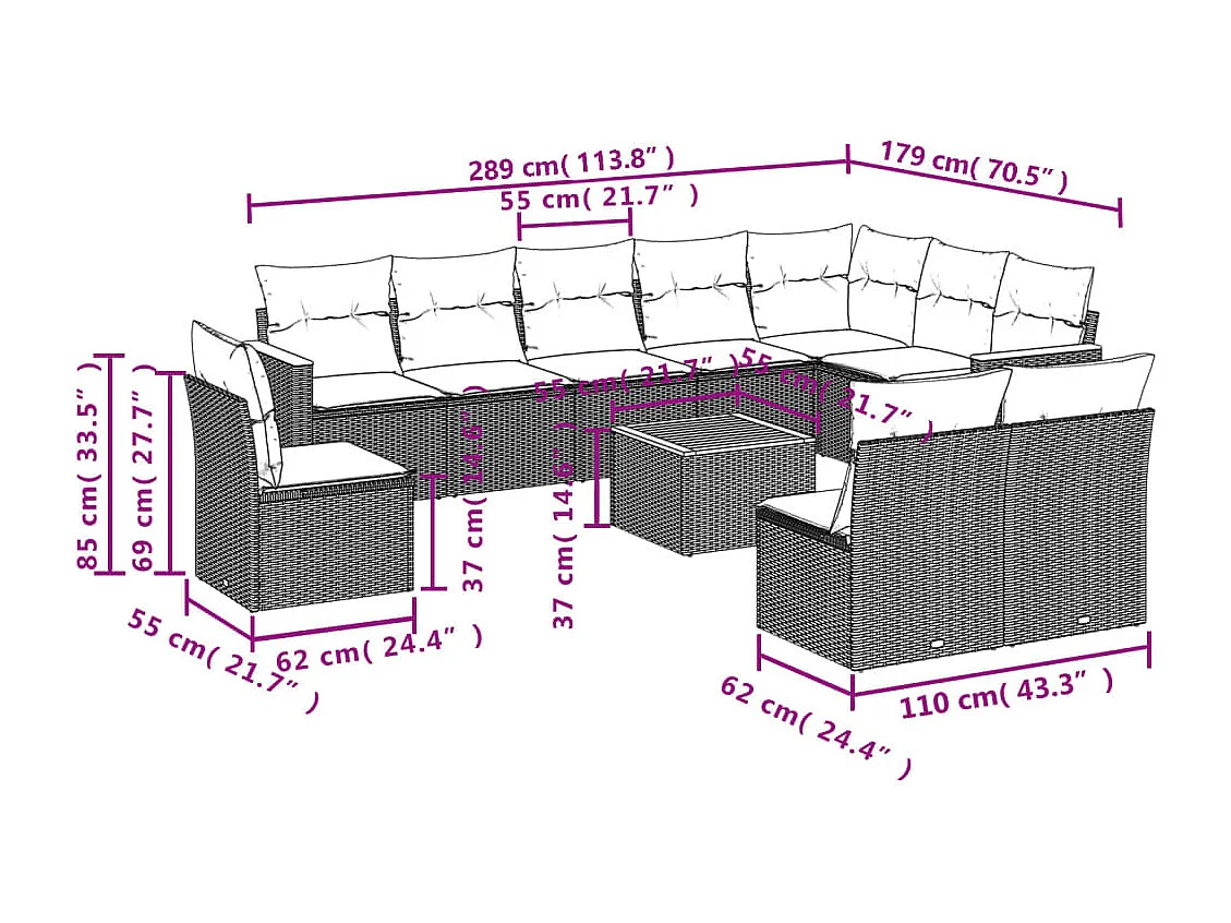 Set de sofás de jardín 11piezas con cojines ratán sintético beige