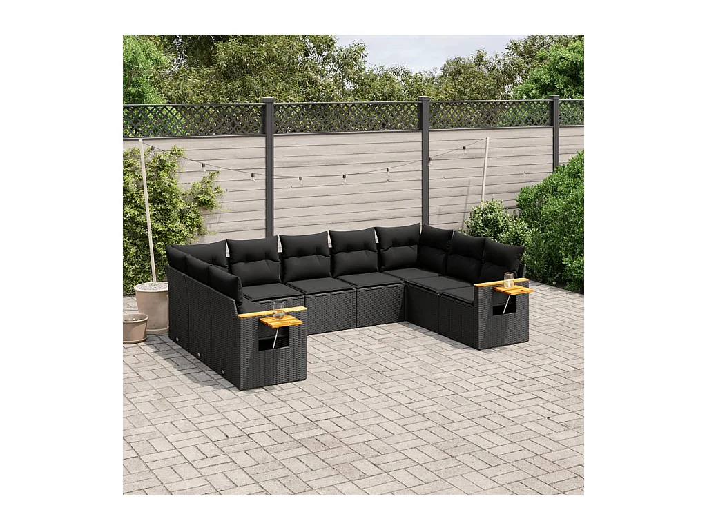 Salon de jardin 9 pièces avec coussins noir résine tressée