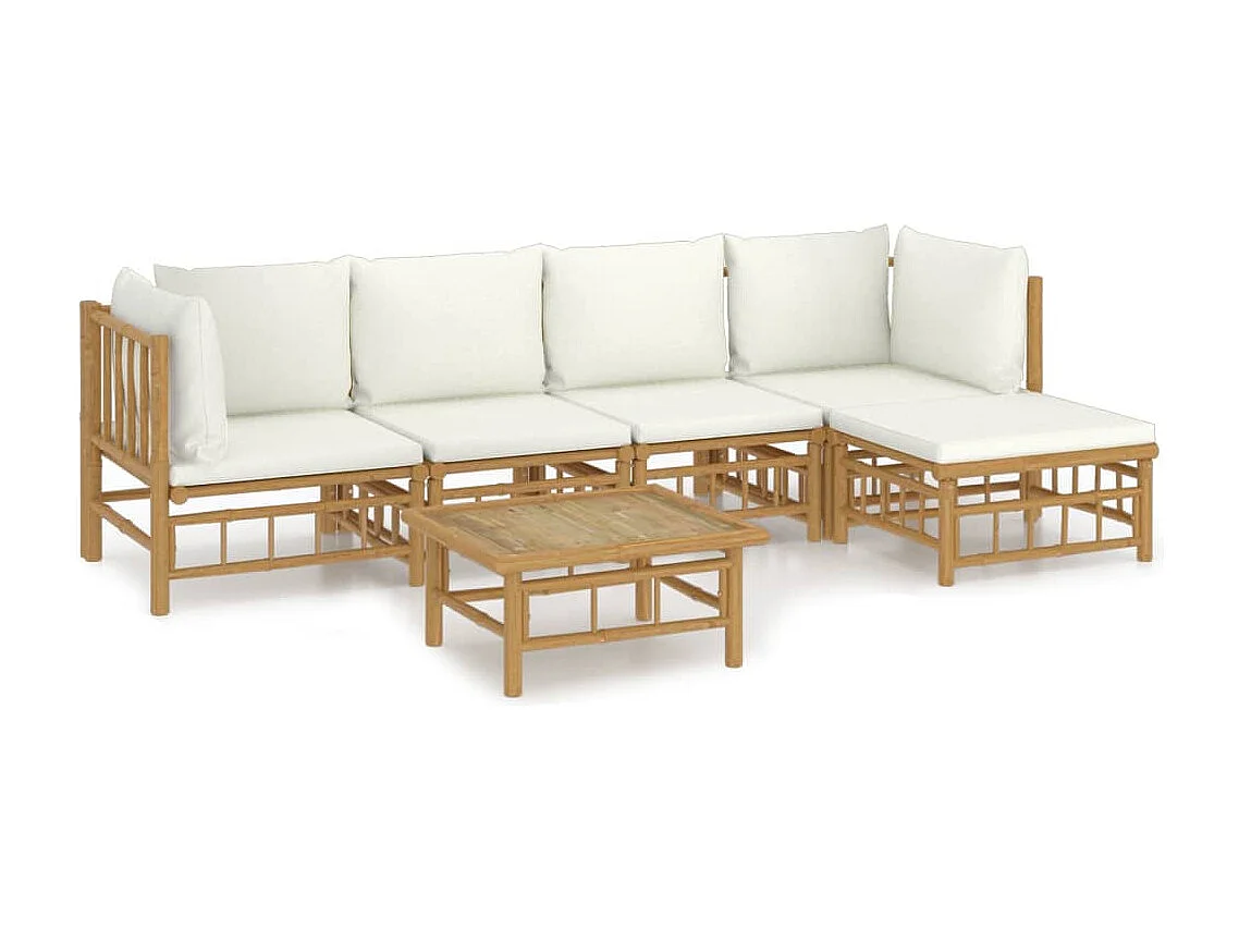 Salon de jardin 6 pièces avec coussins blanc crème bambou