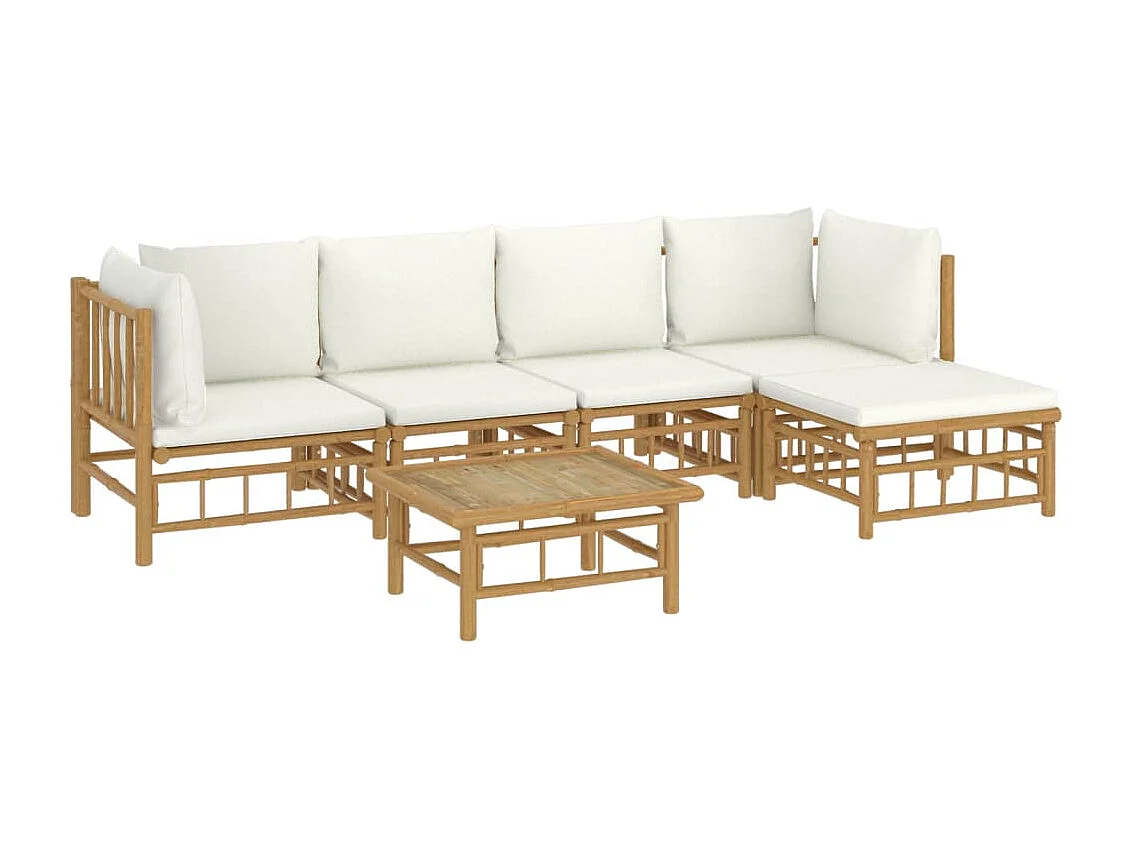 Salon de jardin 6 pièces avec coussins blanc crème bambou