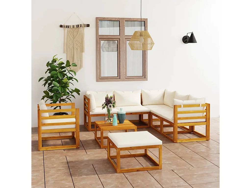 Muebles de jardín 8 piezas cojines crema madera maciza de acacia