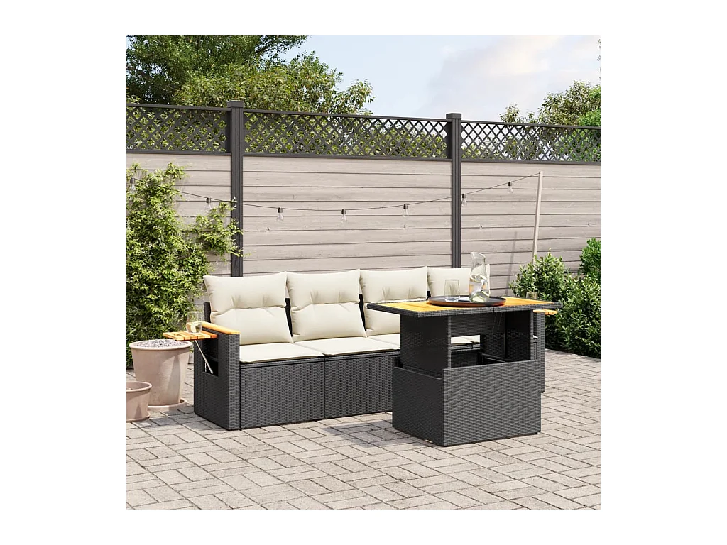 Salon de jardin 5 pièces avec coussins noir résine tressée