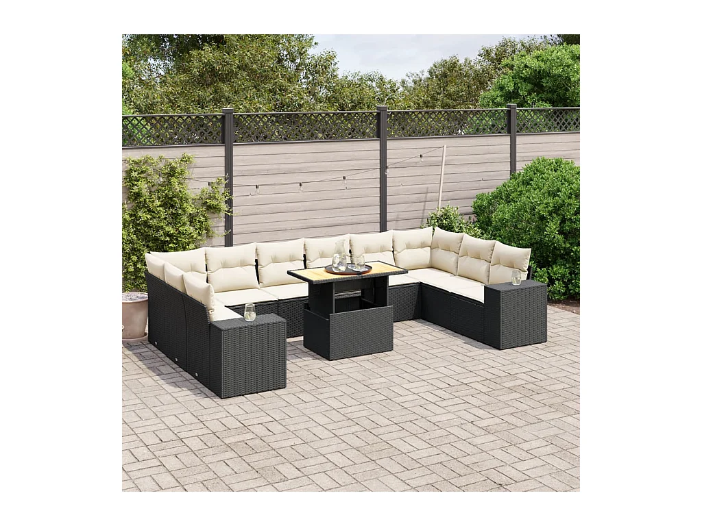 Salon de jardin 11 pièces avec coussins noir résine tressée