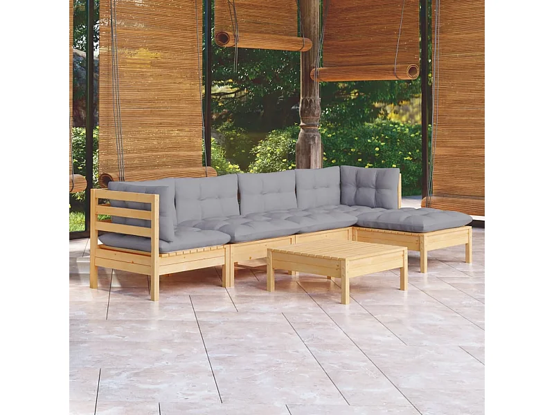 Salon de jardin 6 pièces avec coussins gris Bois de pin