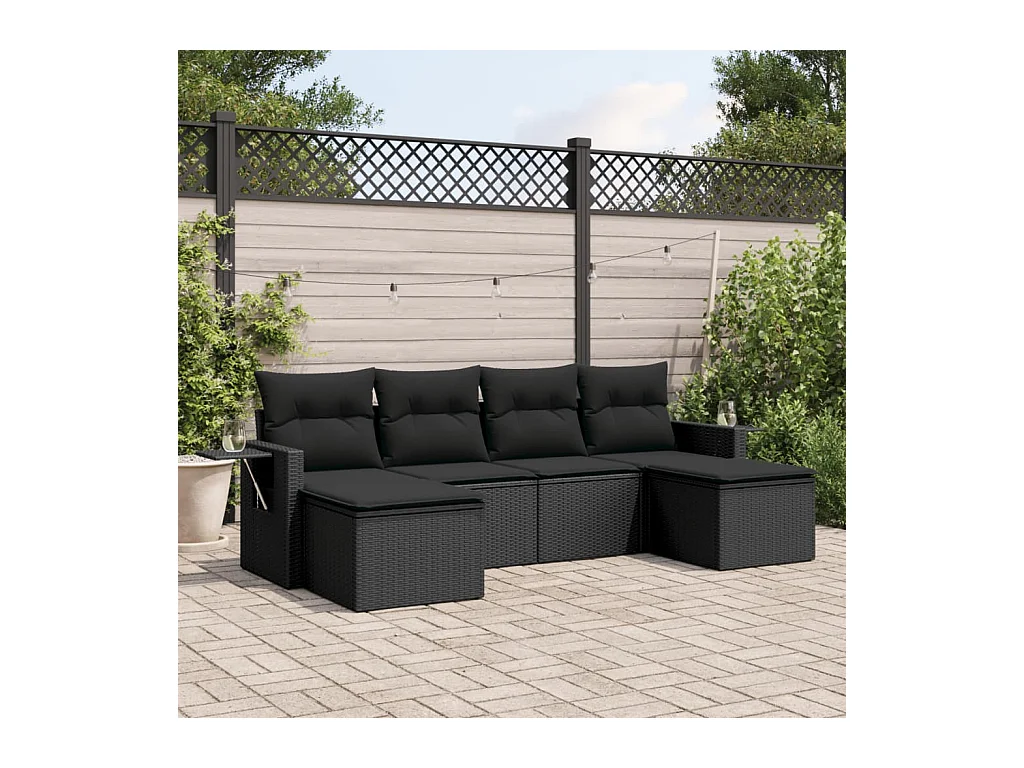 Salon de jardin 6 pièces avec coussins noir résine tressée
