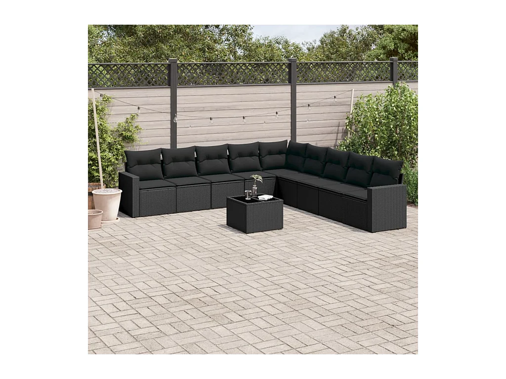 Salon de jardin 10 pièces avec coussins noir résine tressée