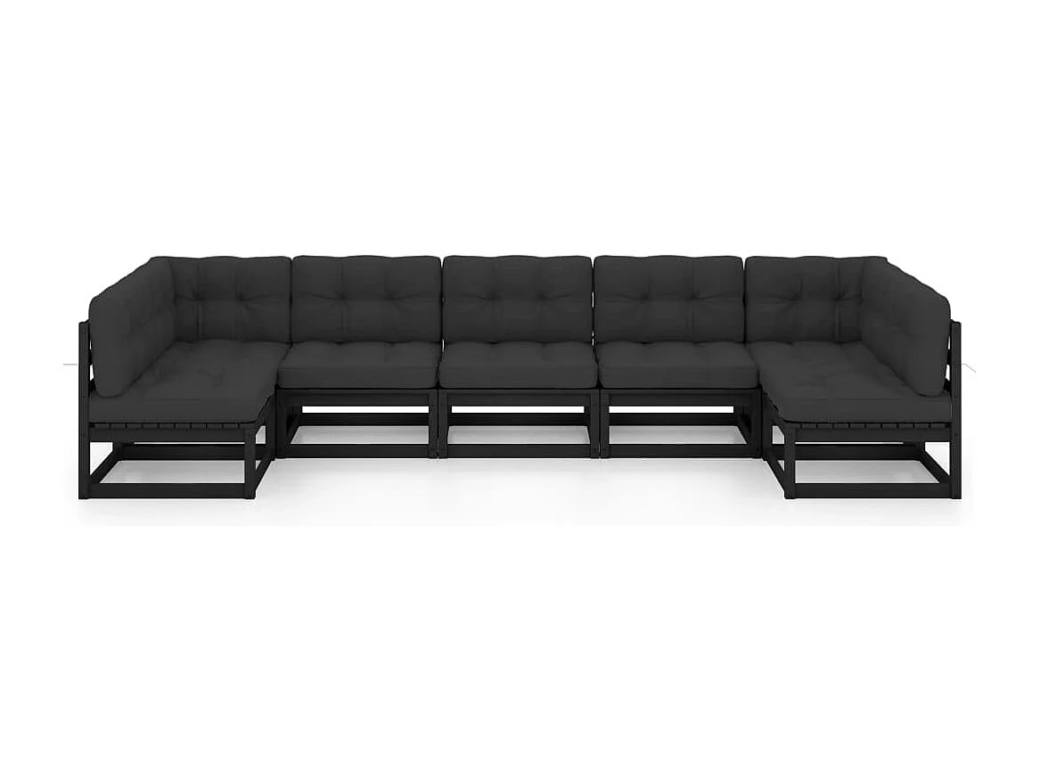 Salon de jardin 7 pièces avec coussins noir bois de pin massif