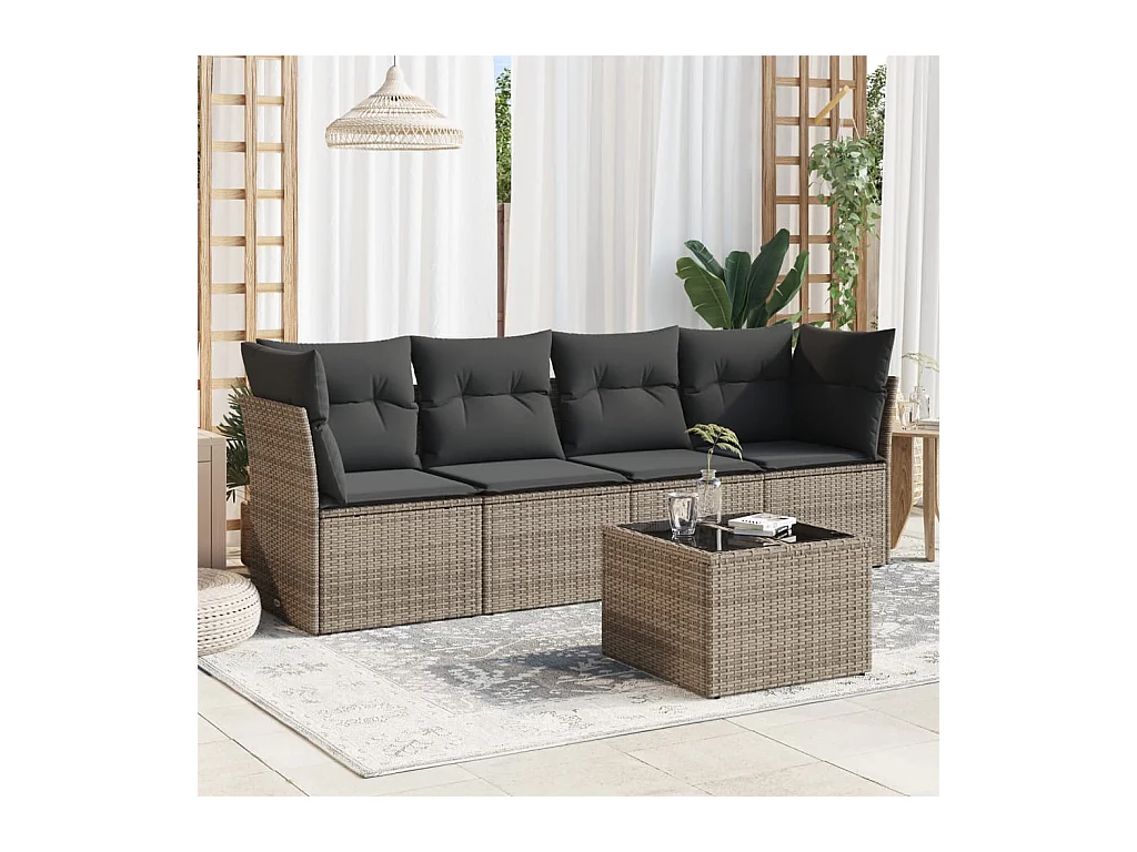Salon de jardin 5 pièces avec coussins gris résine tressée
