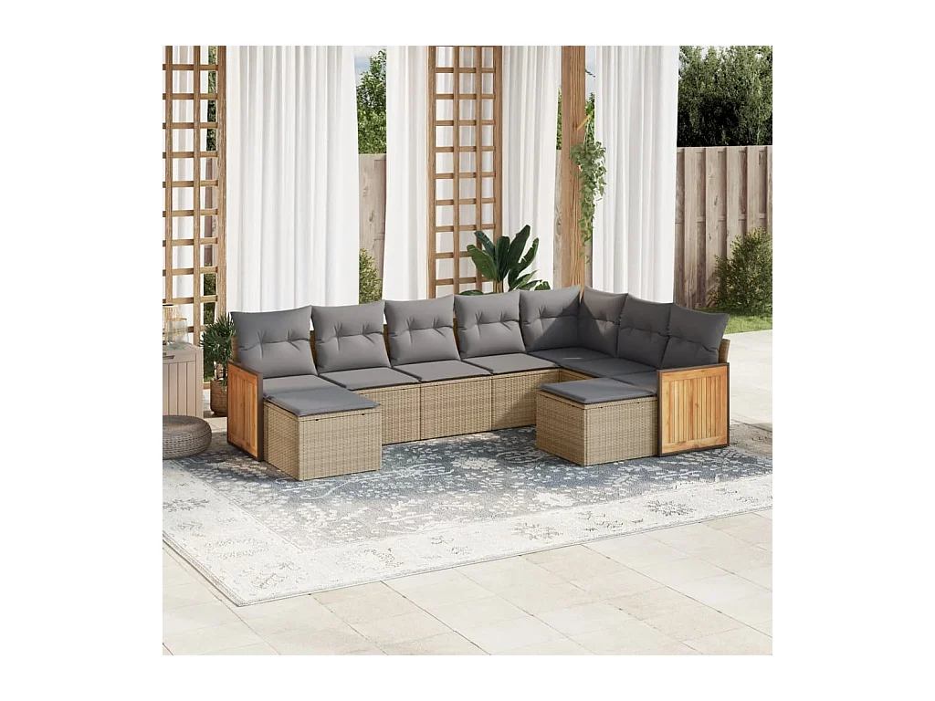 Salon de jardin avec coussins 9 pièces beige résine tressée