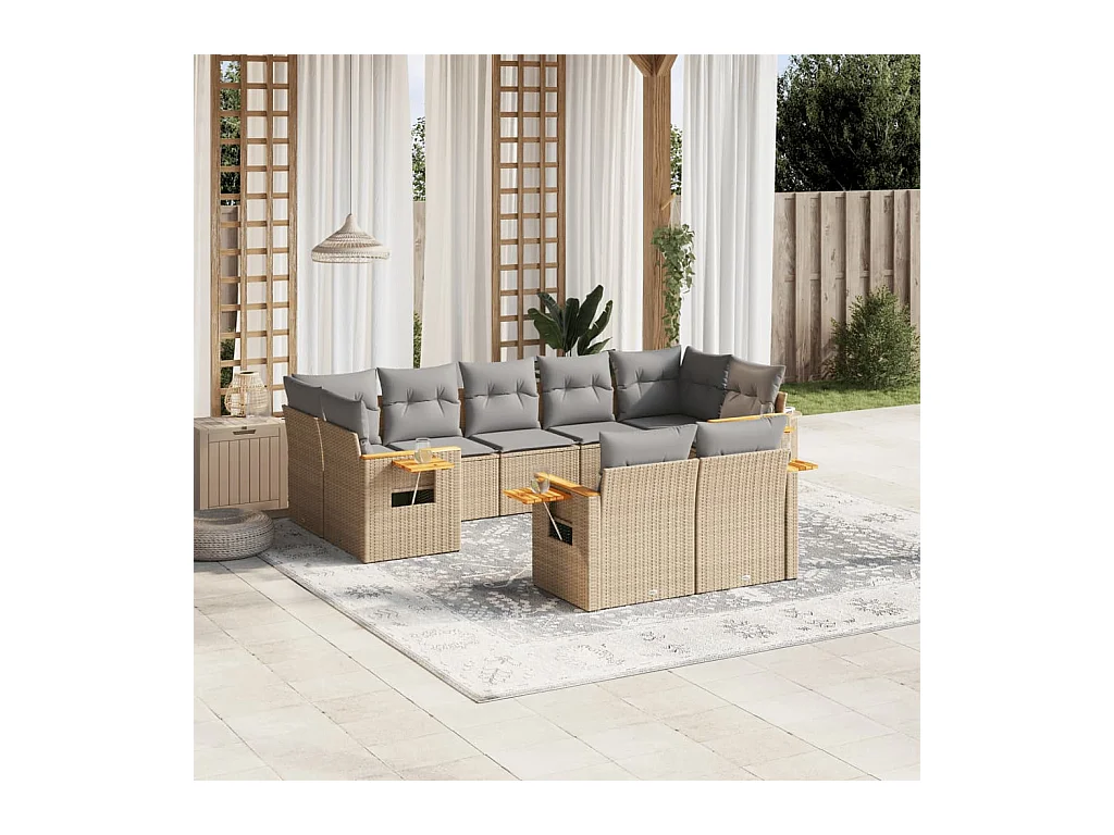 Salon de jardin avec coussins 9 pièces beige résine tressée