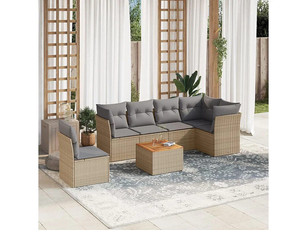 7-delige Loungeset met kussens poly rattan gemengd beige
