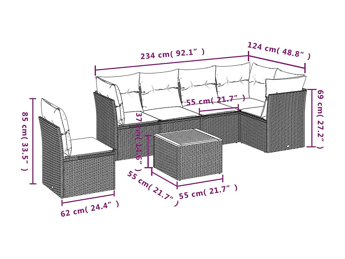 7-delige Loungeset met kussens poly rattan gemengd beige