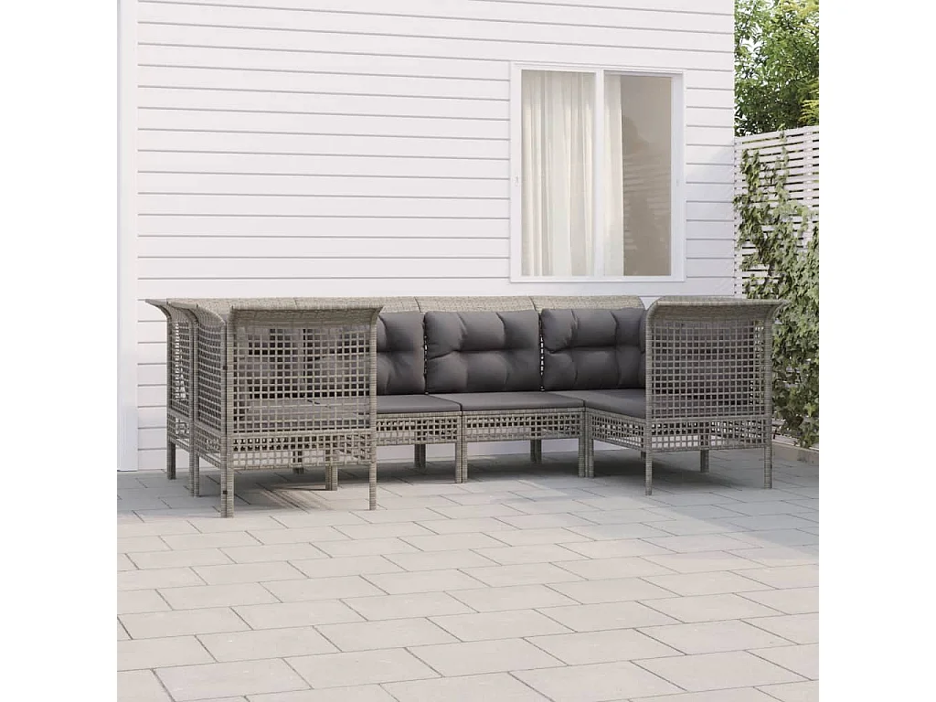 Set de muebles de jardín 6 piezas y cojines ratán sintético gris