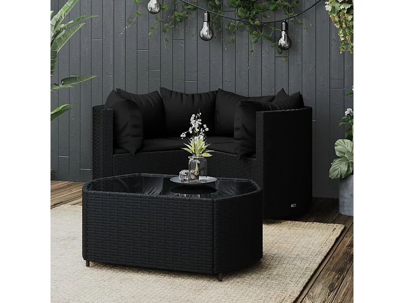 4-delige Loungeset met kussens poly rattan zwart