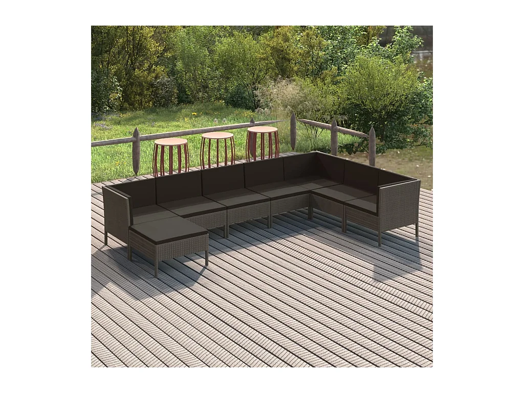 Salon de jardin 8 pièces avec coussins Résine tressée Gris