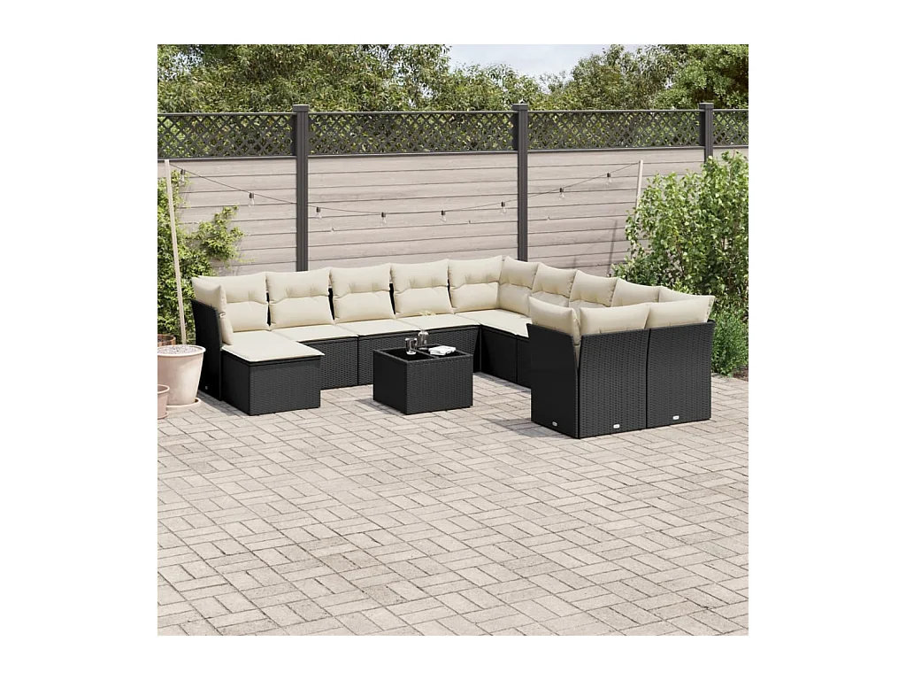 Salon de jardin 12 pièces avec coussins noir résine tressée