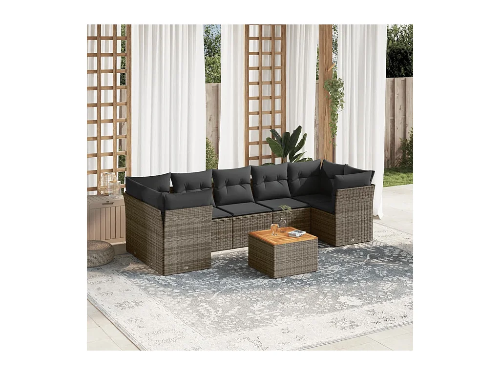 Salon de jardin 8 pièces avec coussins gris résine tressée