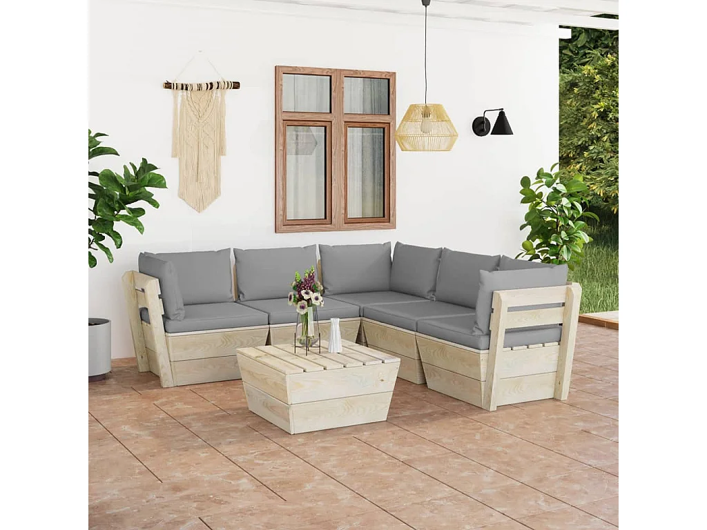 Salon de jardin palette 6 pièces avec coussins Épicéa imprégné