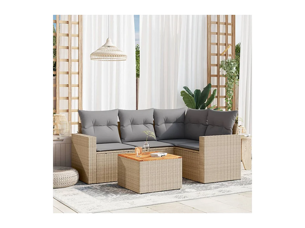 Salon de jardin avec coussins 5 pièces beige résine tressée