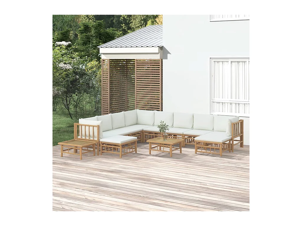 Salon de jardin 12 pièces avec coussins blanc crème bambou