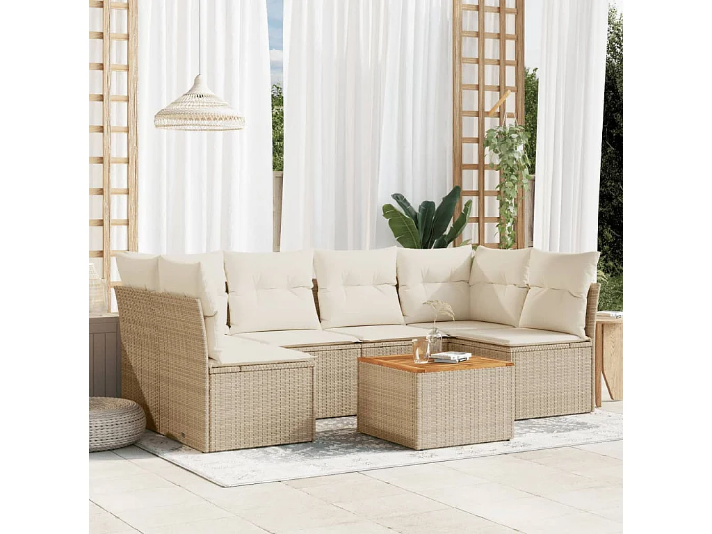Salon de jardin avec coussins 7 pièces beige résine tressée
