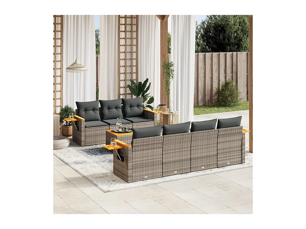Salon de jardin 8 pièces avec coussins gris résine tressée