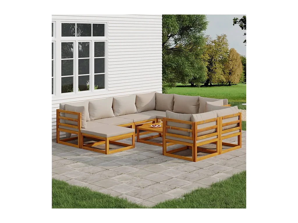 Salon de jardin 10 pièces avec coussins gris clair bois massif