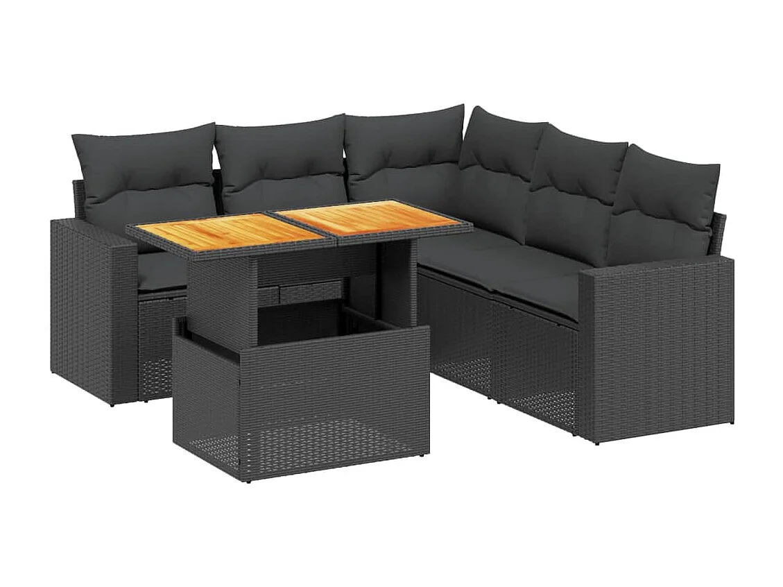 6 peças conjunto sofás de jardim c/ almofadões vime PE preto