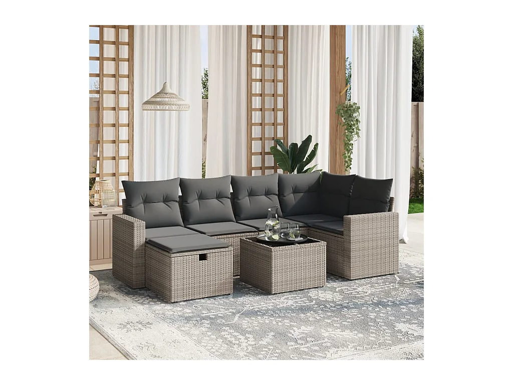 Salon de jardin avec coussins 7 pièces gris résine tressée