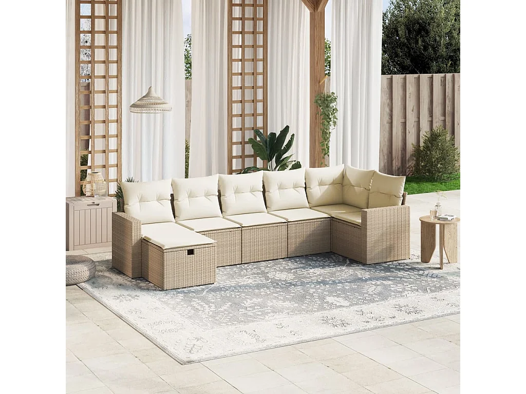 Set sofás de jardín 7 piezas y cojines ratán sintético beige