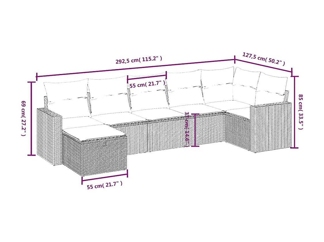 Set sofás de jardín 7 piezas y cojines ratán sintético beige