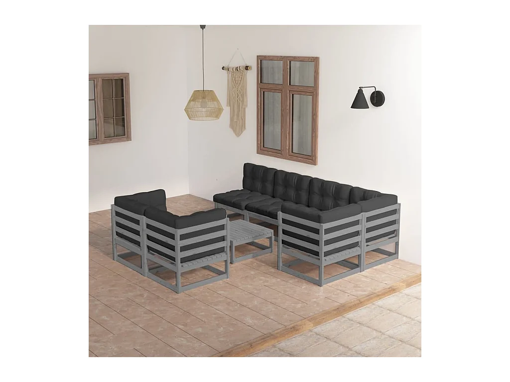 Juego de muebles de jardín 8 piezas y cojines madera pino maciza