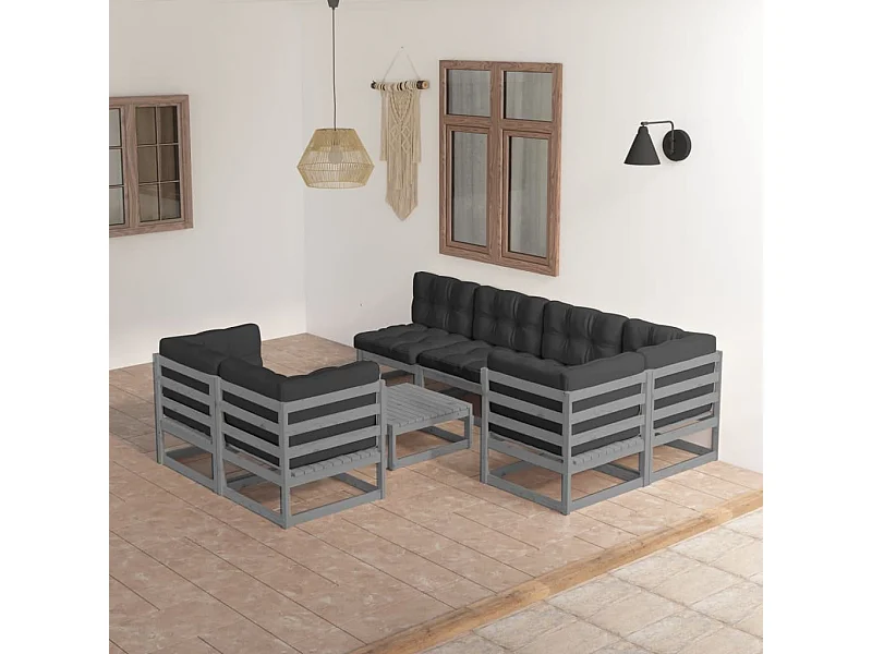 8 peças conjunto lounge de jardim c/ almofadões pinho maciço