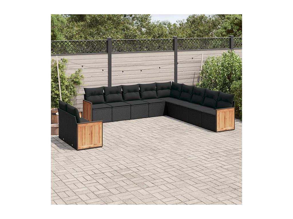 Set de sofás de jardín 11 piezas y cojines ratán sintético negro
