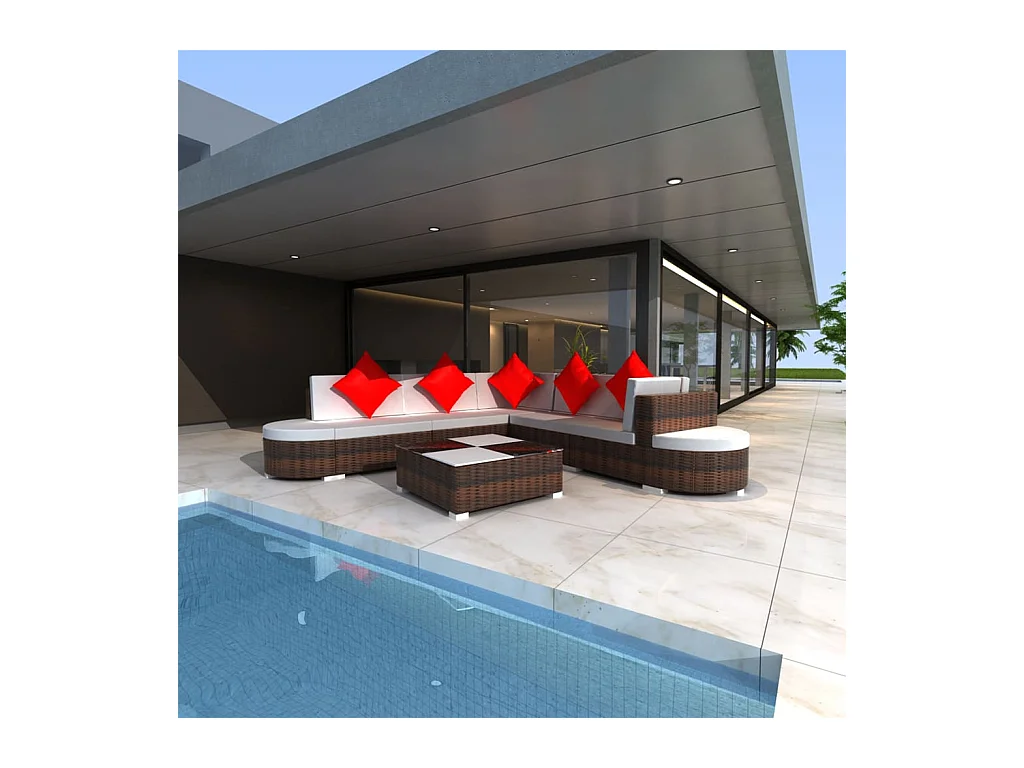 8-delige Loungeset met kussens poly rattan bruin