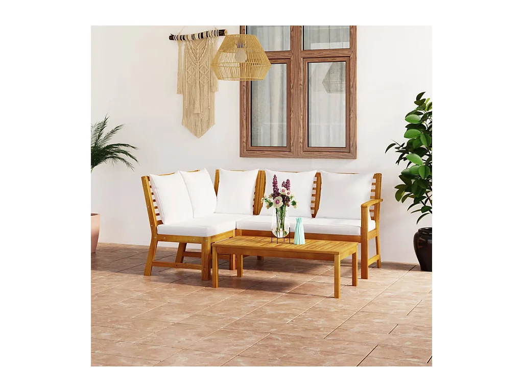 Salon de jardin 4 pièces avec coussin Crème Bois d'acacia solide
