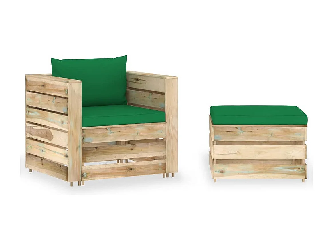Muebles de jardín 2 piezas con cojines madera impregnada verde