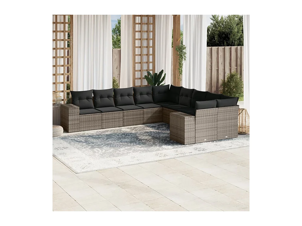 Salon de jardin avec coussins 10 pièces gris résine tressée