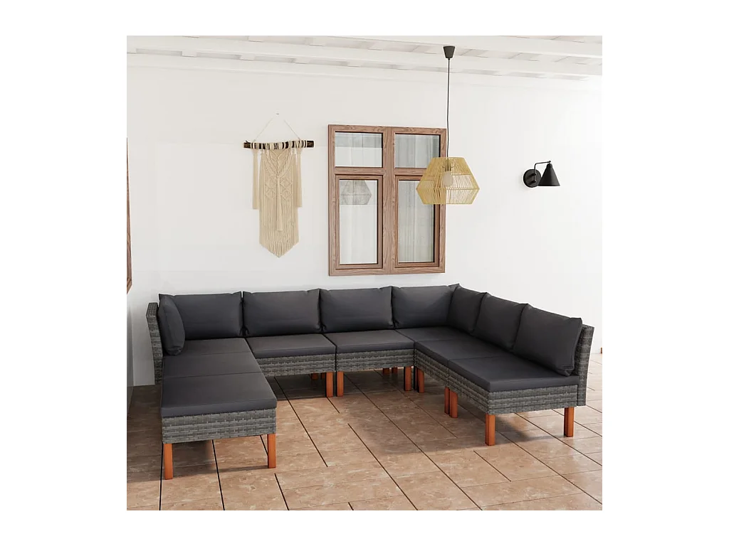 Salon de jardin 8 pièces avec coussins Résine tressée Gris