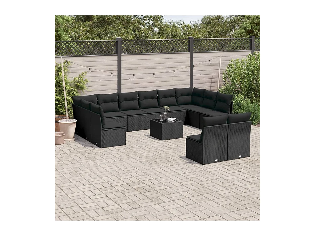 13-delige Loungeset met kussens poly rattan zwart