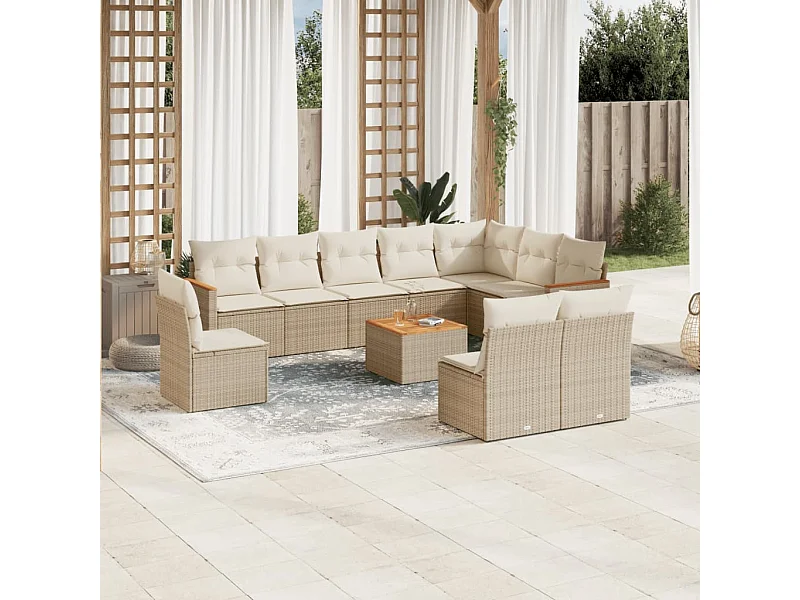 Set de sofás de jardín 11piezas con cojines ratán sintético beige