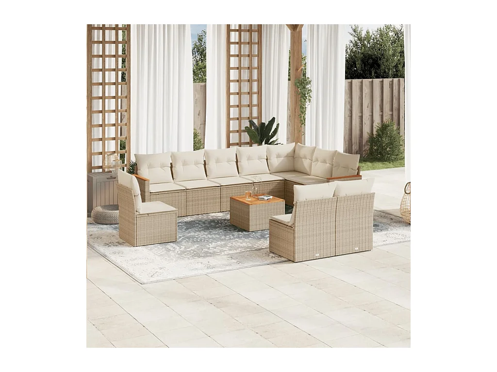 Salon de jardin 11 pièces avec coussins beige résine tressée