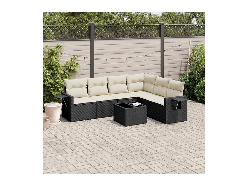 Salon de jardin 7 pièces avec coussins noir résine tressée