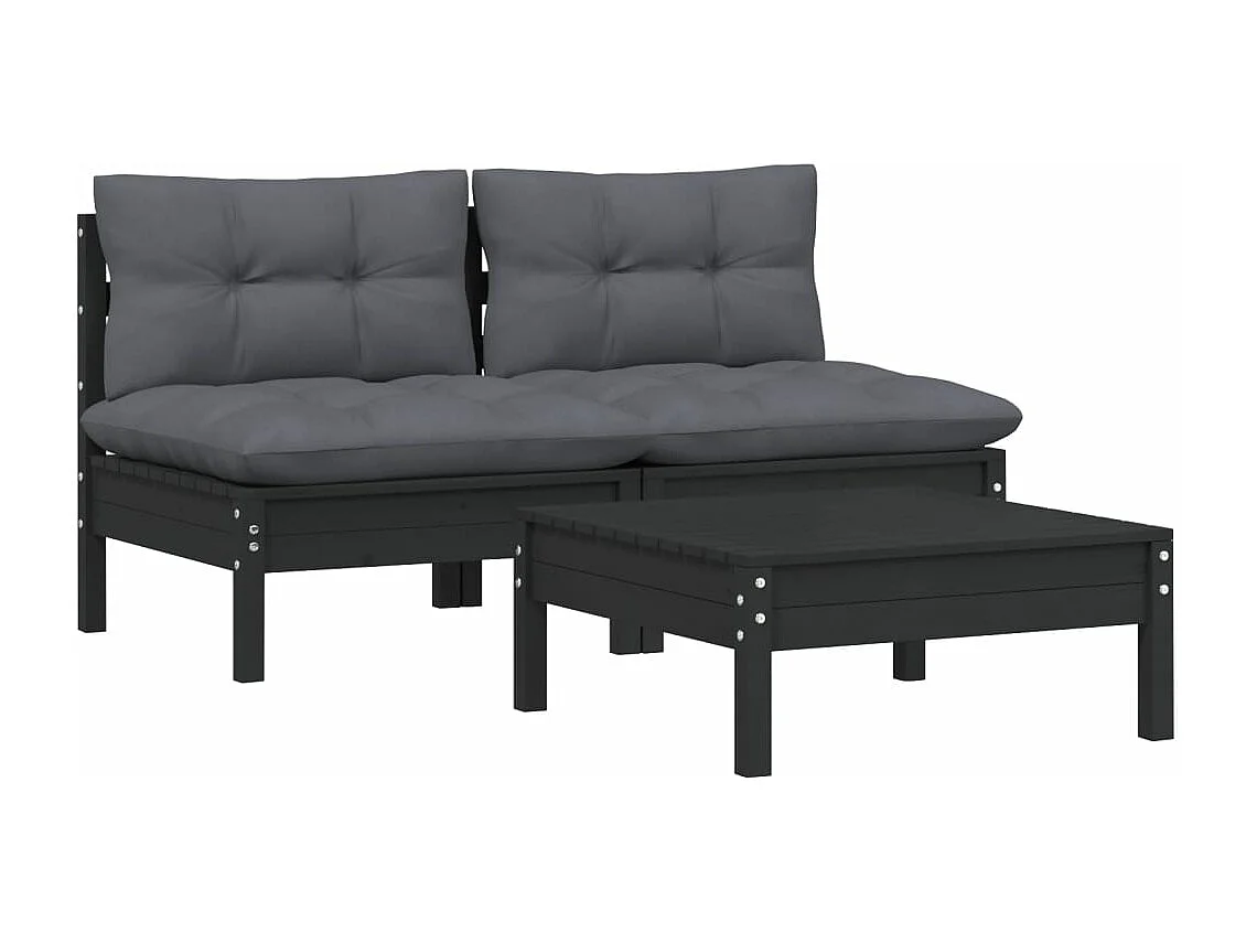 Salon de jardin 3 pièces avec coussins anthracite Bois de pin