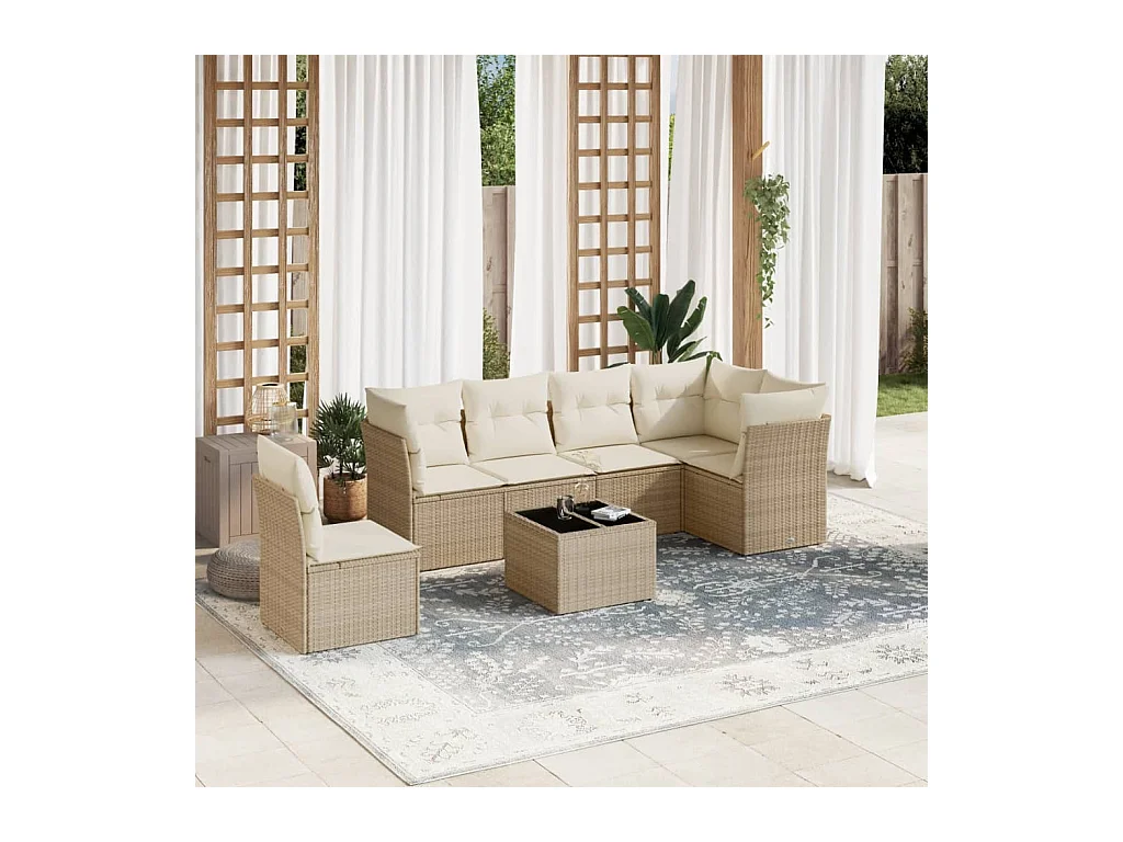 Set sofás de jardín 7 piezas y cojines ratán sintético beige