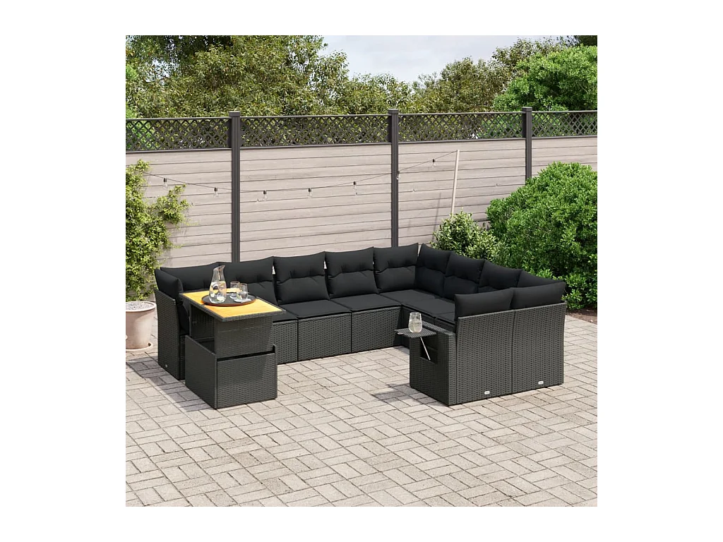 Salon de jardin 10 pièces avec coussins noir résine tressée