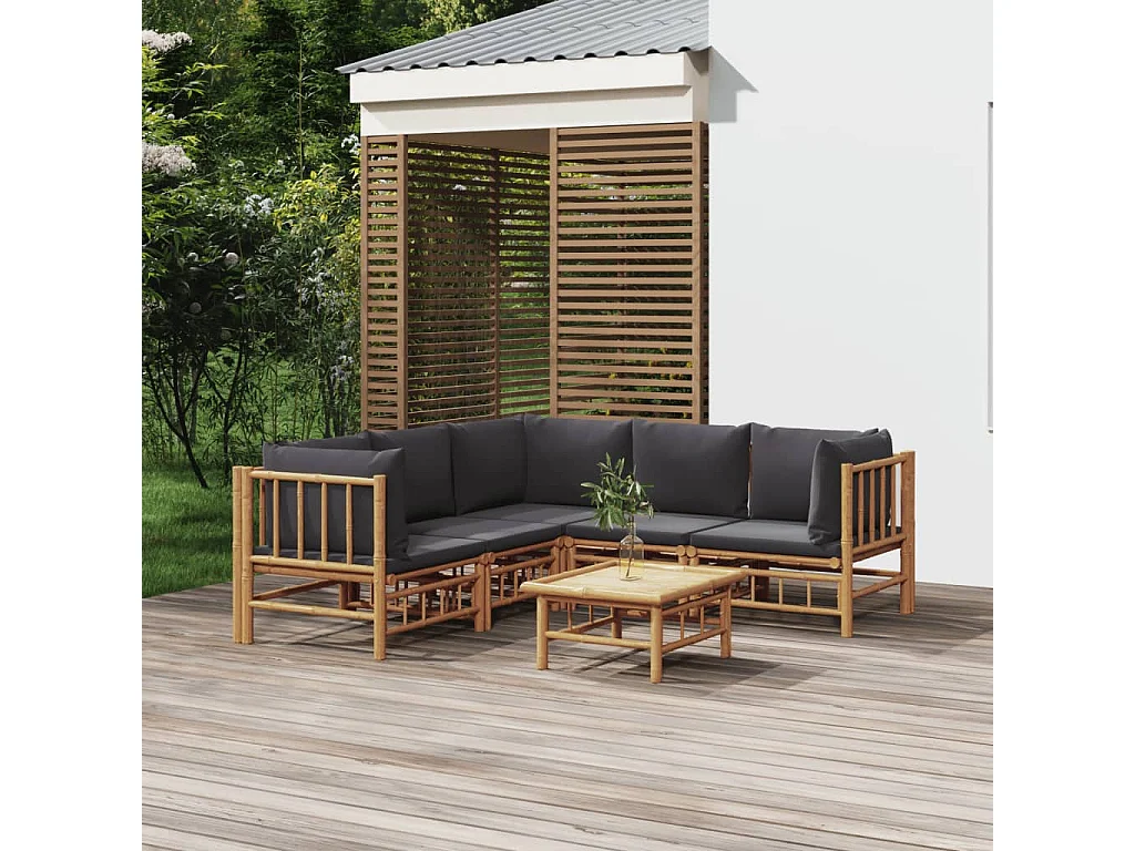 Salon de jardin 6 pièces avec coussins gris foncé bambou