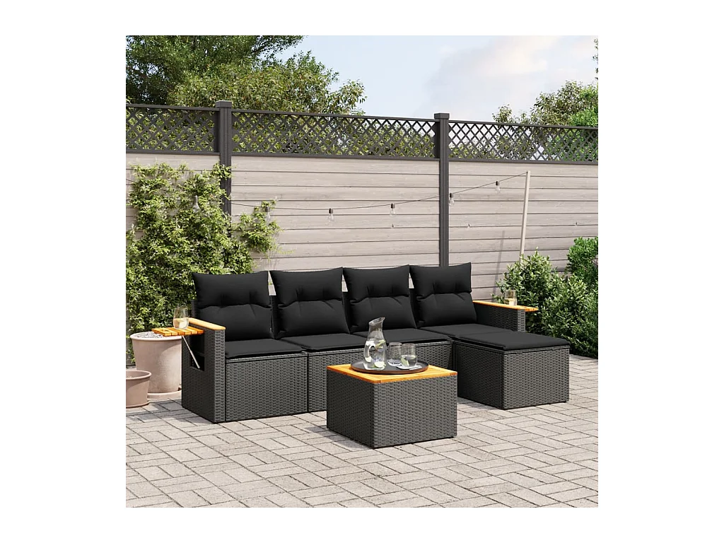 Salon de jardin 6 pièces avec coussins noir résine tressée